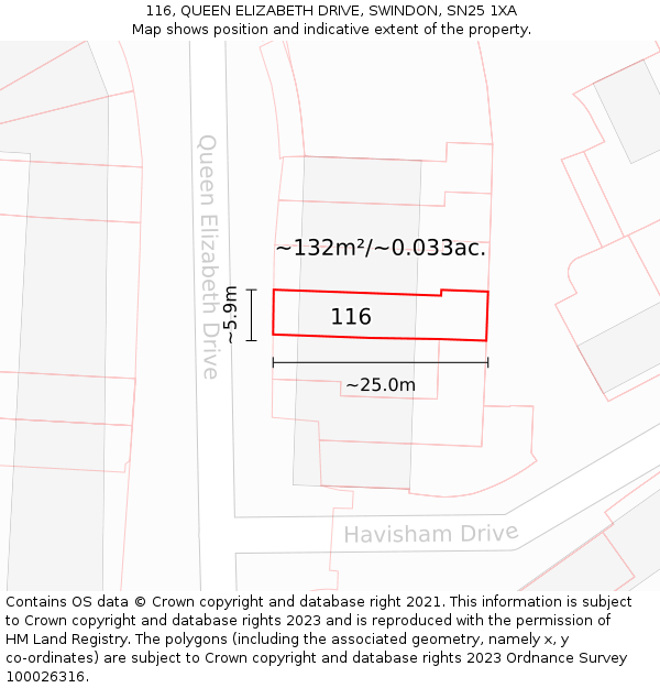 116, QUEEN ELIZABETH DRIVE, SWINDON, SN25 1XA: Plot and title map