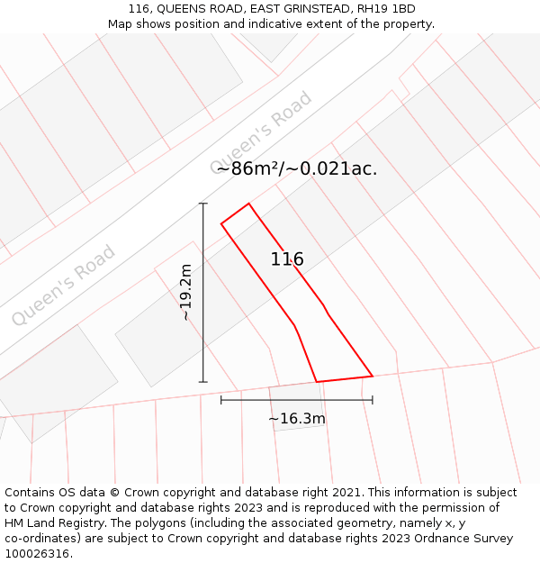 116, QUEENS ROAD, EAST GRINSTEAD, RH19 1BD: Plot and title map