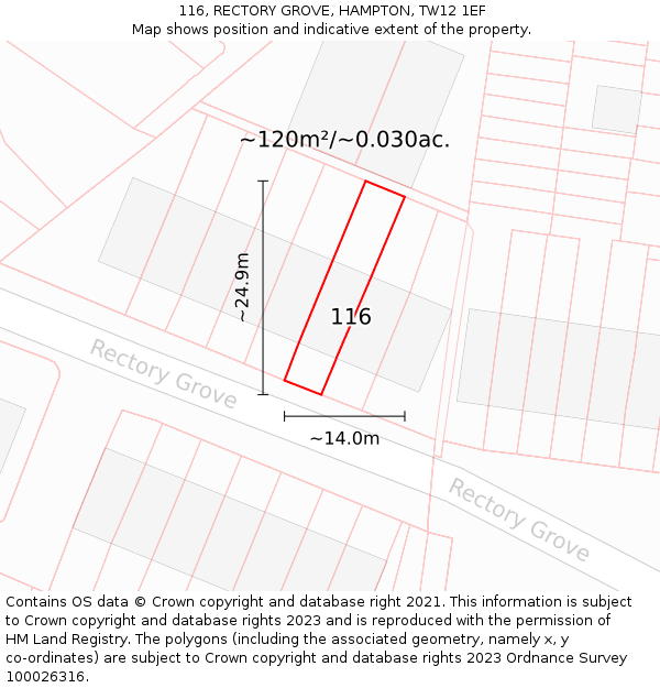 116, RECTORY GROVE, HAMPTON, TW12 1EF: Plot and title map