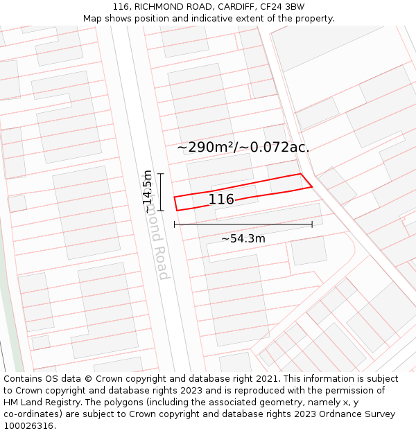 116, RICHMOND ROAD, CARDIFF, CF24 3BW: Plot and title map