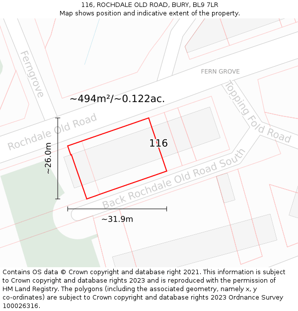 116, ROCHDALE OLD ROAD, BURY, BL9 7LR: Plot and title map