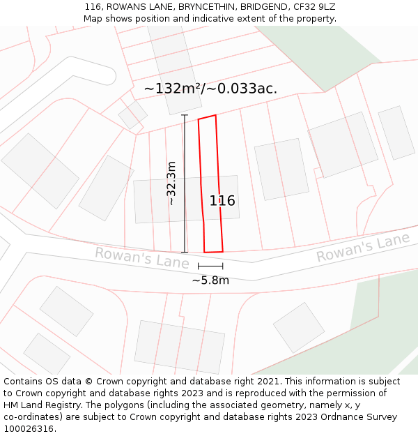 116, ROWANS LANE, BRYNCETHIN, BRIDGEND, CF32 9LZ: Plot and title map