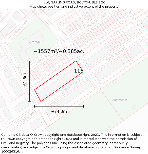 116, SAPLING ROAD, BOLTON, BL3 3QG: Plot and title map