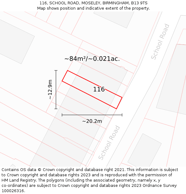116, SCHOOL ROAD, MOSELEY, BIRMINGHAM, B13 9TS: Plot and title map