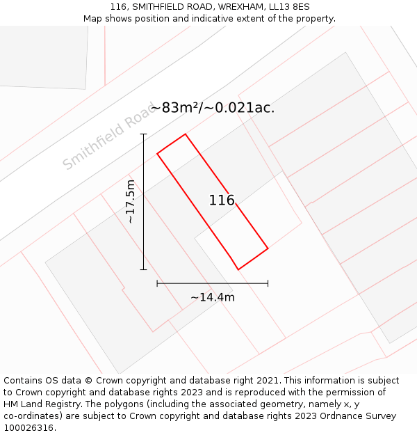 116, SMITHFIELD ROAD, WREXHAM, LL13 8ES: Plot and title map
