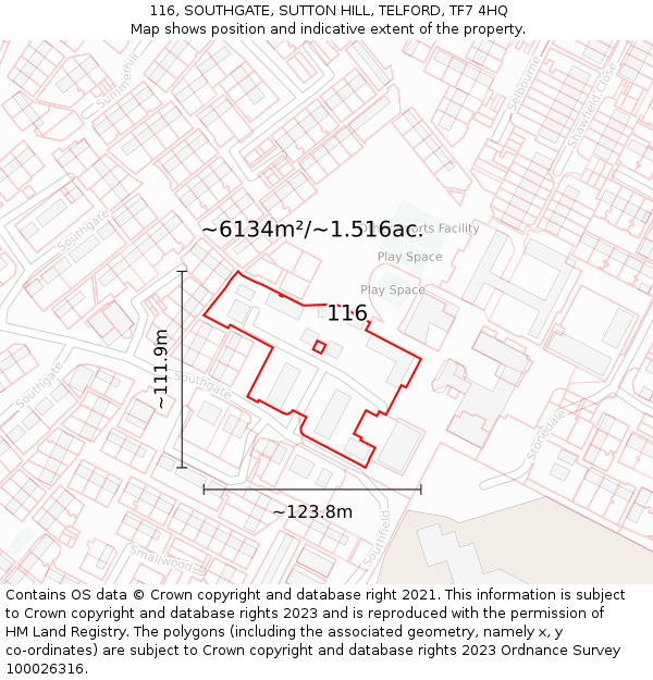 116, SOUTHGATE, SUTTON HILL, TELFORD, TF7 4HQ: Plot and title map