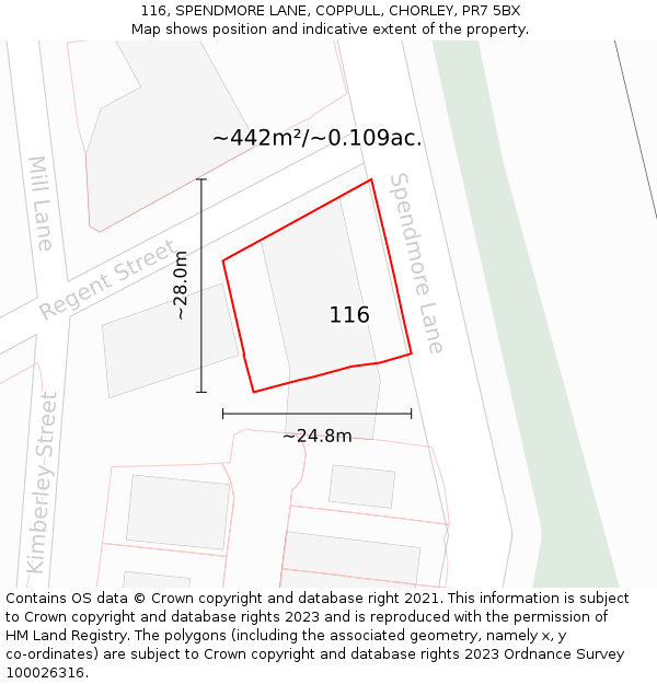116, SPENDMORE LANE, COPPULL, CHORLEY, PR7 5BX: Plot and title map