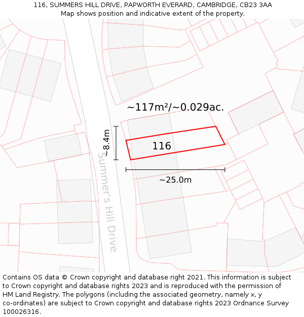 116, SUMMERS HILL DRIVE, PAPWORTH EVERARD, CAMBRIDGE, CB23 3AA: Plot and title map