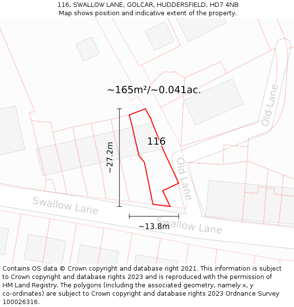 116, SWALLOW LANE, GOLCAR, HUDDERSFIELD, HD7 4NB: Plot and title map