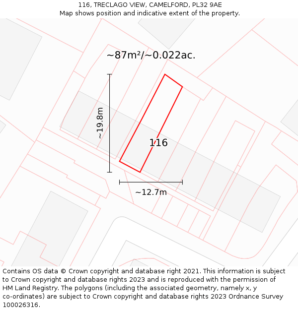 116, TRECLAGO VIEW, CAMELFORD, PL32 9AE: Plot and title map