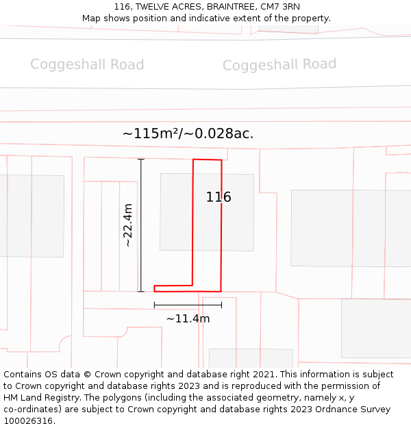 116, TWELVE ACRES, BRAINTREE, CM7 3RN: Plot and title map