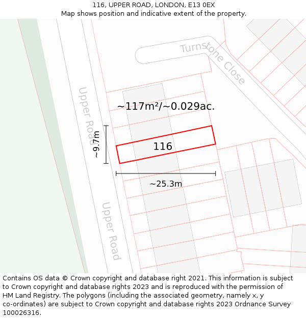 116, UPPER ROAD, LONDON, E13 0EX: Plot and title map