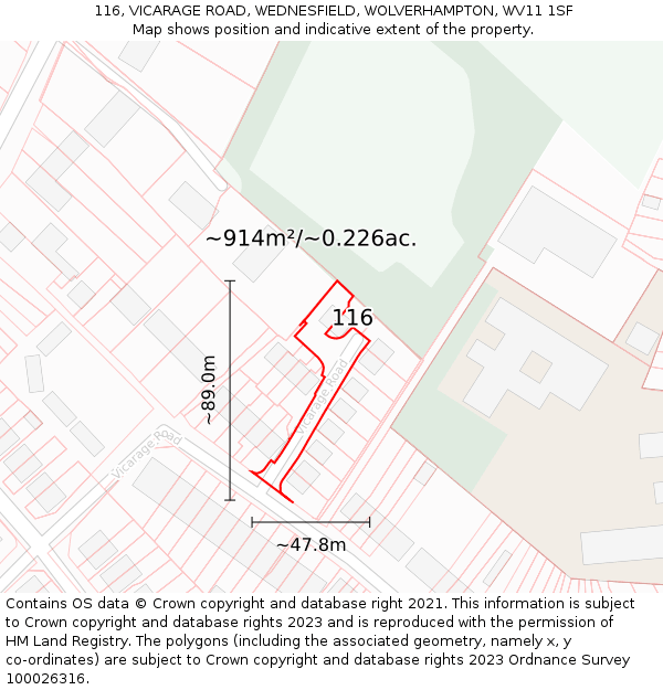 116, VICARAGE ROAD, WEDNESFIELD, WOLVERHAMPTON, WV11 1SF: Plot and title map