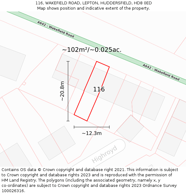 116, WAKEFIELD ROAD, LEPTON, HUDDERSFIELD, HD8 0ED: Plot and title map