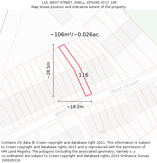 116, WEST STREET, EWELL, EPSOM, KT17 1XR: Plot and title map