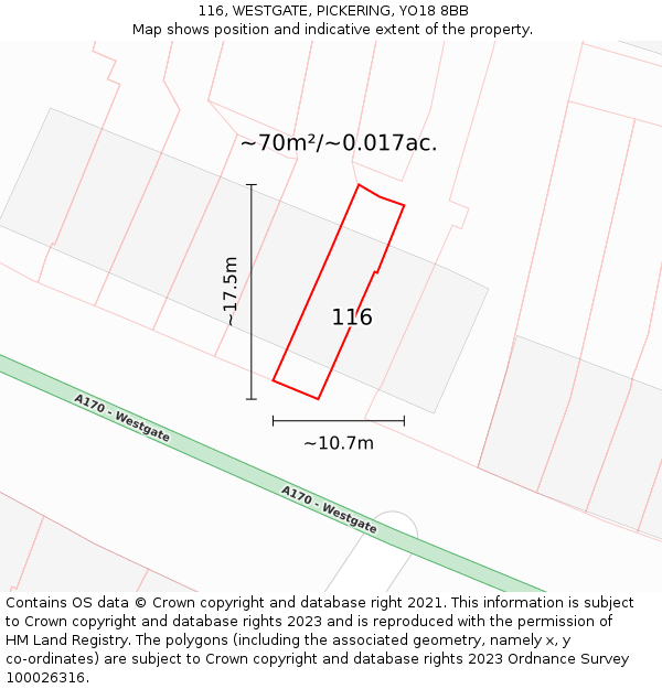 116, WESTGATE, PICKERING, YO18 8BB: Plot and title map