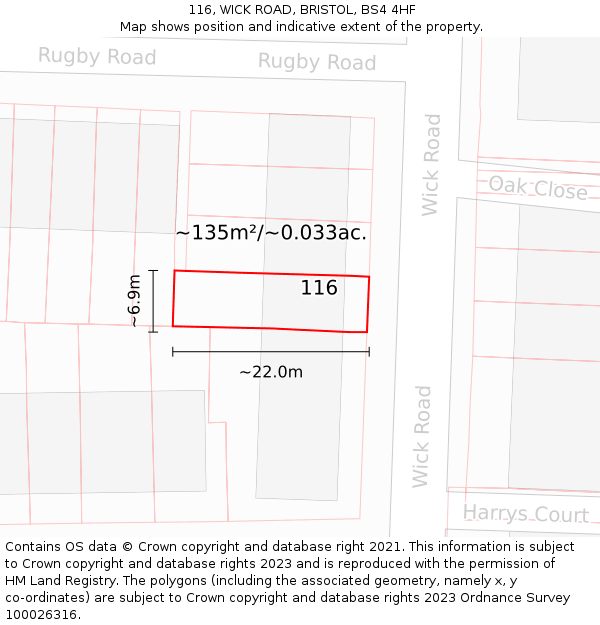 116, WICK ROAD, BRISTOL, BS4 4HF: Plot and title map