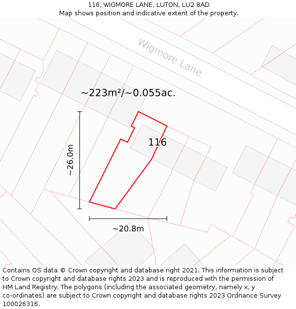 116, WIGMORE LANE, LUTON, LU2 8AD: Plot and title map