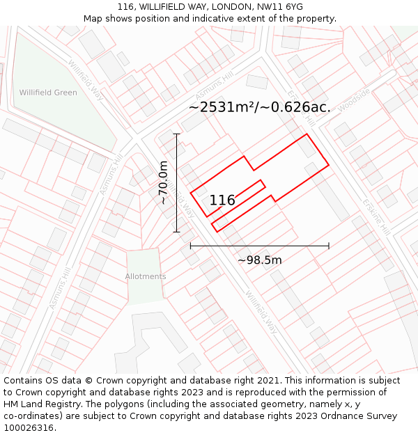 116, WILLIFIELD WAY, LONDON, NW11 6YG: Plot and title map