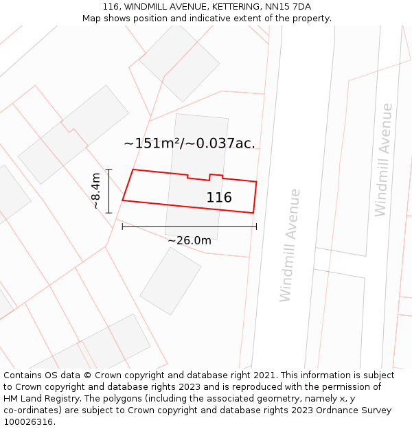 116, WINDMILL AVENUE, KETTERING, NN15 7DA: Plot and title map