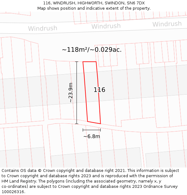 116, WINDRUSH, HIGHWORTH, SWINDON, SN6 7DX: Plot and title map