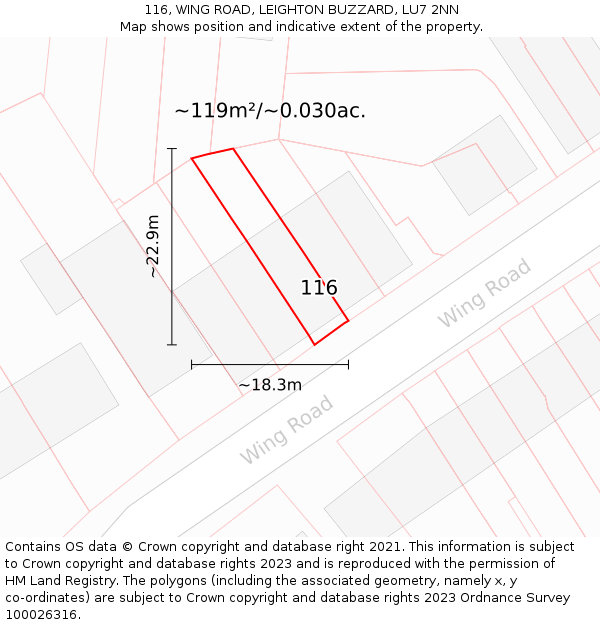 116, WING ROAD, LEIGHTON BUZZARD, LU7 2NN: Plot and title map