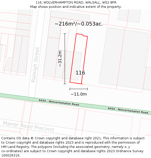 116, WOLVERHAMPTON ROAD, WALSALL, WS2 8PR: Plot and title map