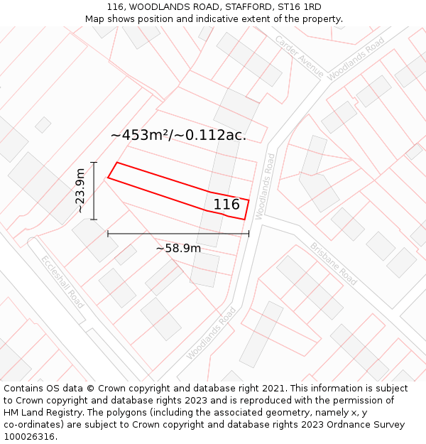 116, WOODLANDS ROAD, STAFFORD, ST16 1RD: Plot and title map