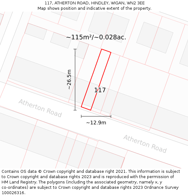 117, ATHERTON ROAD, HINDLEY, WIGAN, WN2 3EE: Plot and title map
