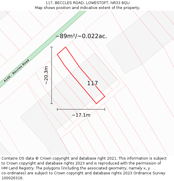 117, BECCLES ROAD, LOWESTOFT, NR33 8QU: Plot and title map