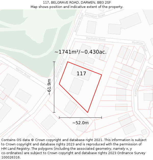 117, BELGRAVE ROAD, DARWEN, BB3 2SF: Plot and title map