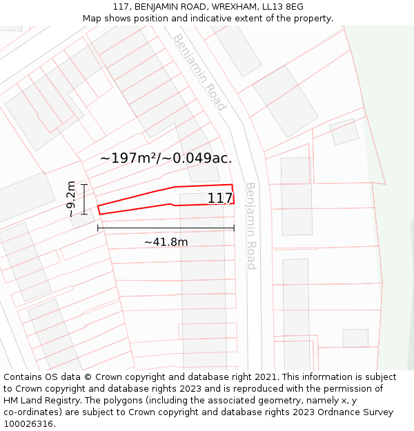 117, BENJAMIN ROAD, WREXHAM, LL13 8EG: Plot and title map
