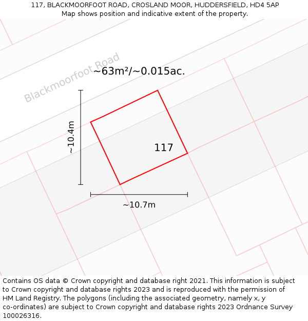 117, BLACKMOORFOOT ROAD, CROSLAND MOOR, HUDDERSFIELD, HD4 5AP: Plot and title map