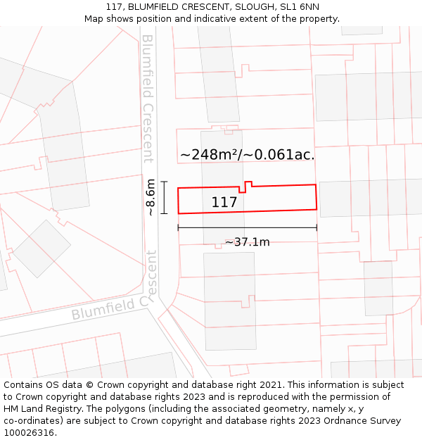 117, BLUMFIELD CRESCENT, SLOUGH, SL1 6NN: Plot and title map