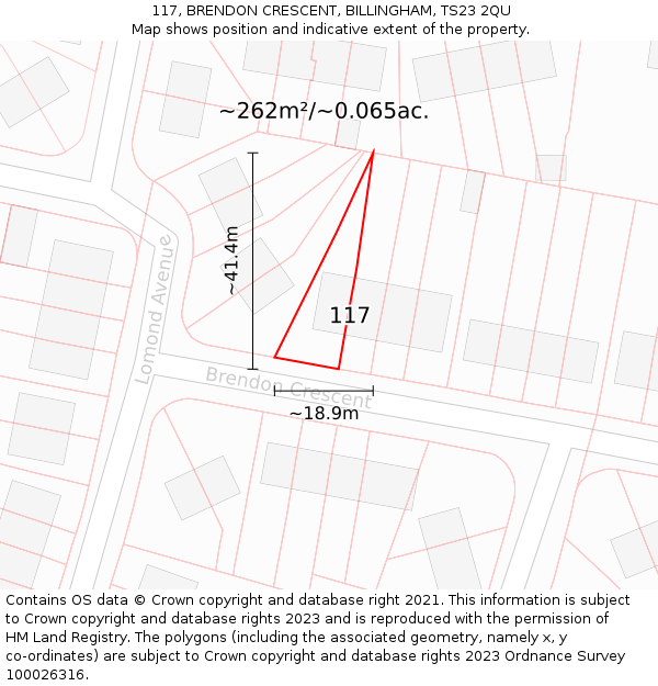 117, BRENDON CRESCENT, BILLINGHAM, TS23 2QU: Plot and title map