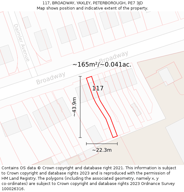 117, BROADWAY, YAXLEY, PETERBOROUGH, PE7 3JD: Plot and title map