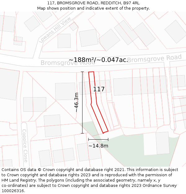 117, BROMSGROVE ROAD, REDDITCH, B97 4RL: Plot and title map