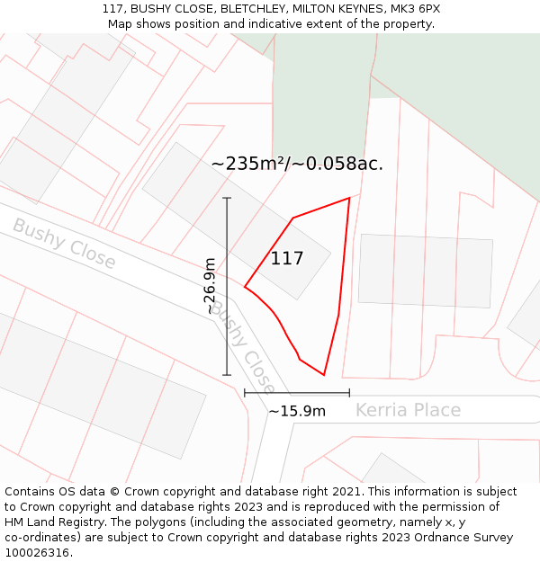 117, BUSHY CLOSE, BLETCHLEY, MILTON KEYNES, MK3 6PX: Plot and title map