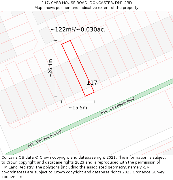 117, CARR HOUSE ROAD, DONCASTER, DN1 2BD: Plot and title map