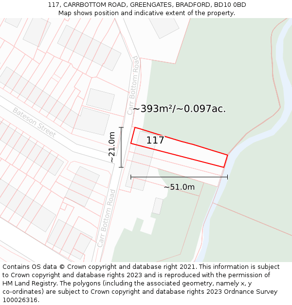 117, CARRBOTTOM ROAD, GREENGATES, BRADFORD, BD10 0BD: Plot and title map