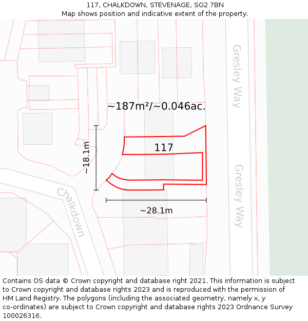 117, CHALKDOWN, STEVENAGE, SG2 7BN: Plot and title map