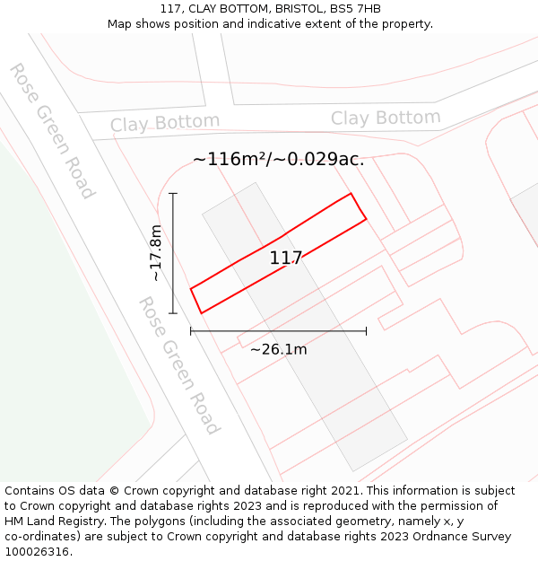 117, CLAY BOTTOM, BRISTOL, BS5 7HB: Plot and title map
