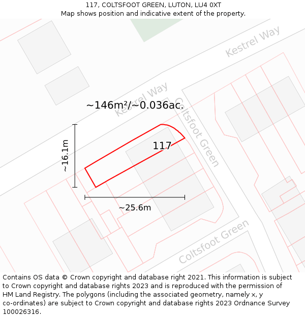 117, COLTSFOOT GREEN, LUTON, LU4 0XT: Plot and title map