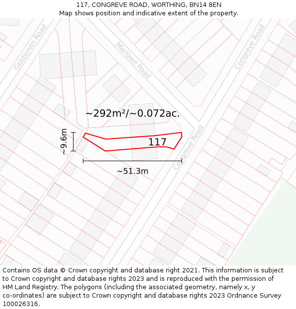 117, CONGREVE ROAD, WORTHING, BN14 8EN: Plot and title map