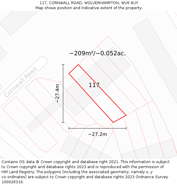 117, CORNWALL ROAD, WOLVERHAMPTON, WV6 8UY: Plot and title map