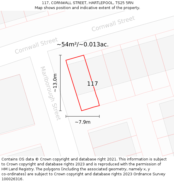 117, CORNWALL STREET, HARTLEPOOL, TS25 5RN: Plot and title map