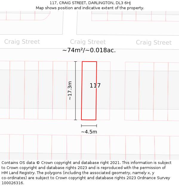 117, CRAIG STREET, DARLINGTON, DL3 6HJ: Plot and title map