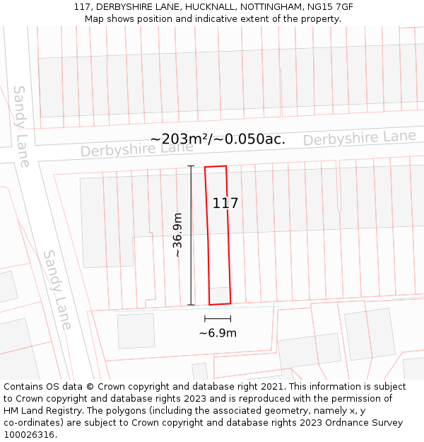 117, DERBYSHIRE LANE, HUCKNALL, NOTTINGHAM, NG15 7GF: Plot and title map