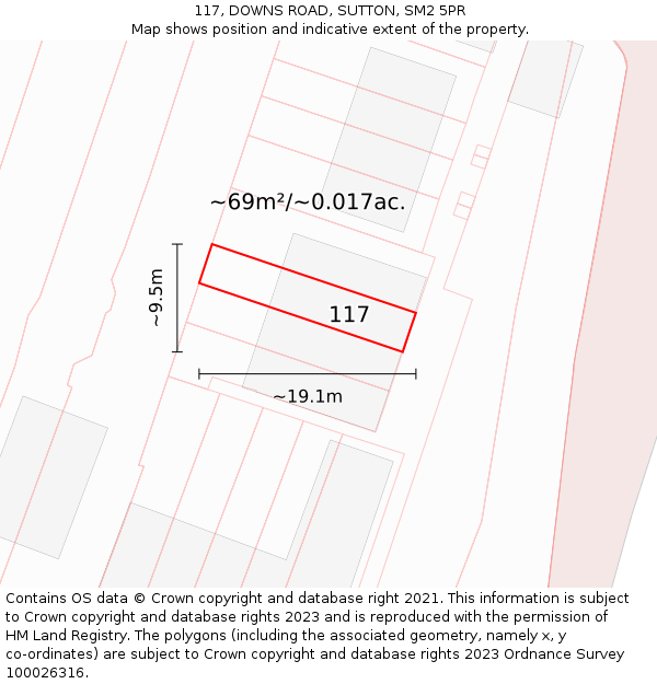 117, DOWNS ROAD, SUTTON, SM2 5PR: Plot and title map