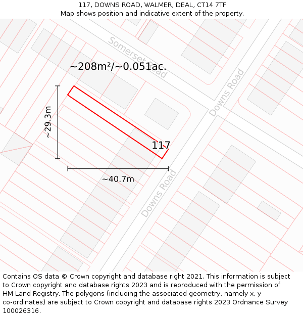 117, DOWNS ROAD, WALMER, DEAL, CT14 7TF: Plot and title map